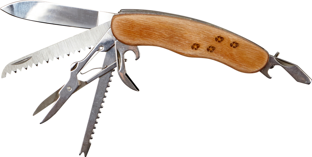 Ein Multifunktionswerkzeug mit Holzgriff, ausgeklappten Klingen und Werkzeugen, darunter eine Schere und eine Säge.