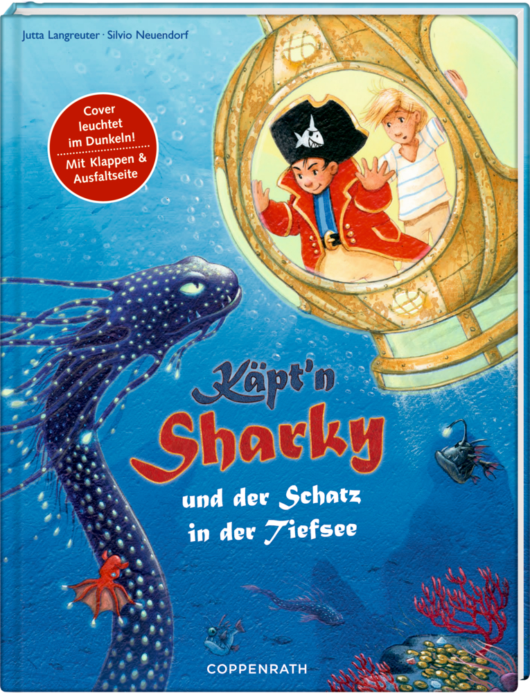 Kinder beobachten im U-Boot Meeresgetier; Buchtitel: Käptn Sharky und der Schatz in der Tiefsee.