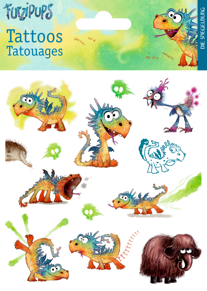 Cartoon-Dinosaurier- und Mammut-Tattoos in verspielten Posen mit lustigen Ausdrücken und grünen Rauchakzenten.