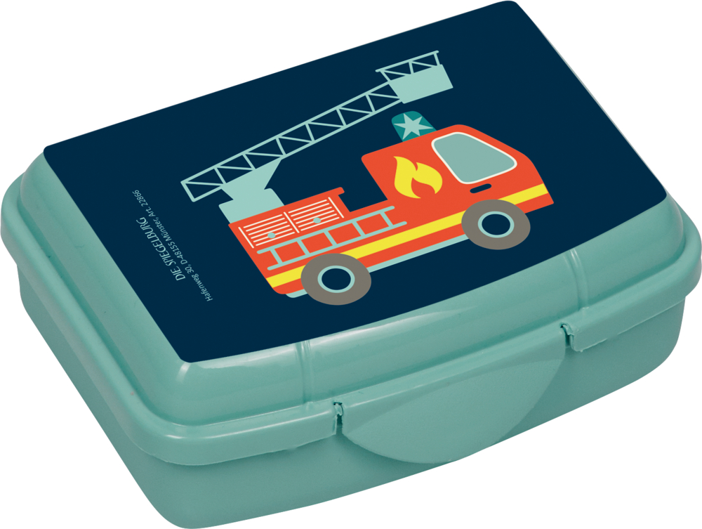 Blaugrüne Snackbox mit einem Cartoon-Feuerwehrauto auf dem dunkelblauen Deckel.