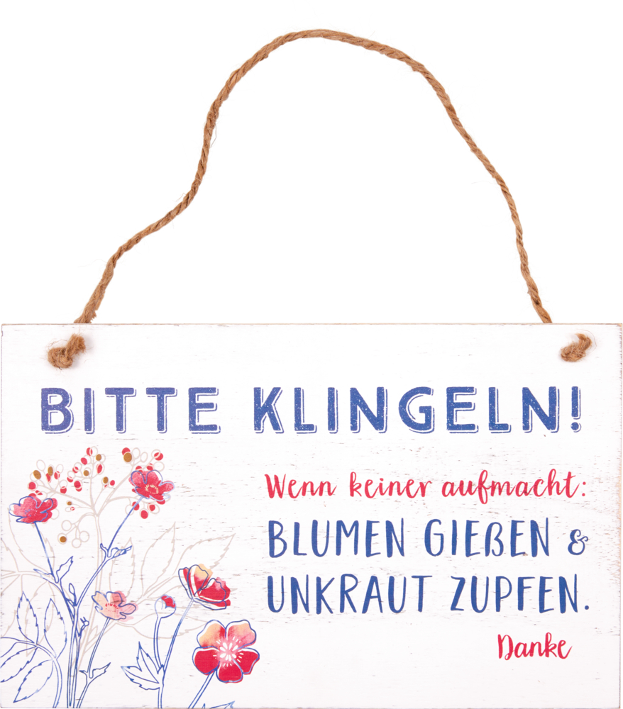 Bitte klingeln, Blumen gießen & Unkraut jäten. Vielen Dank! Mit roten Blumen illustriert.