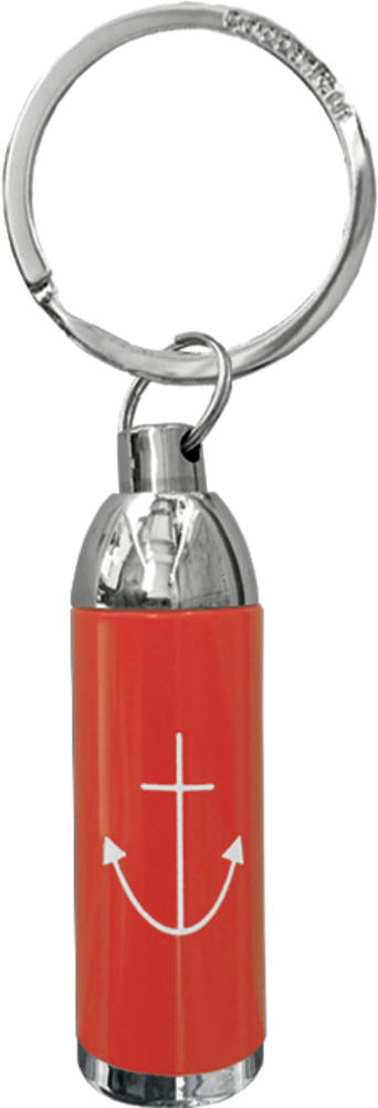 Silberner und roter Mini-Taschenlampen-Schlüsselanhänger mit einem weißen Ankerdesign auf dem roten Teil.