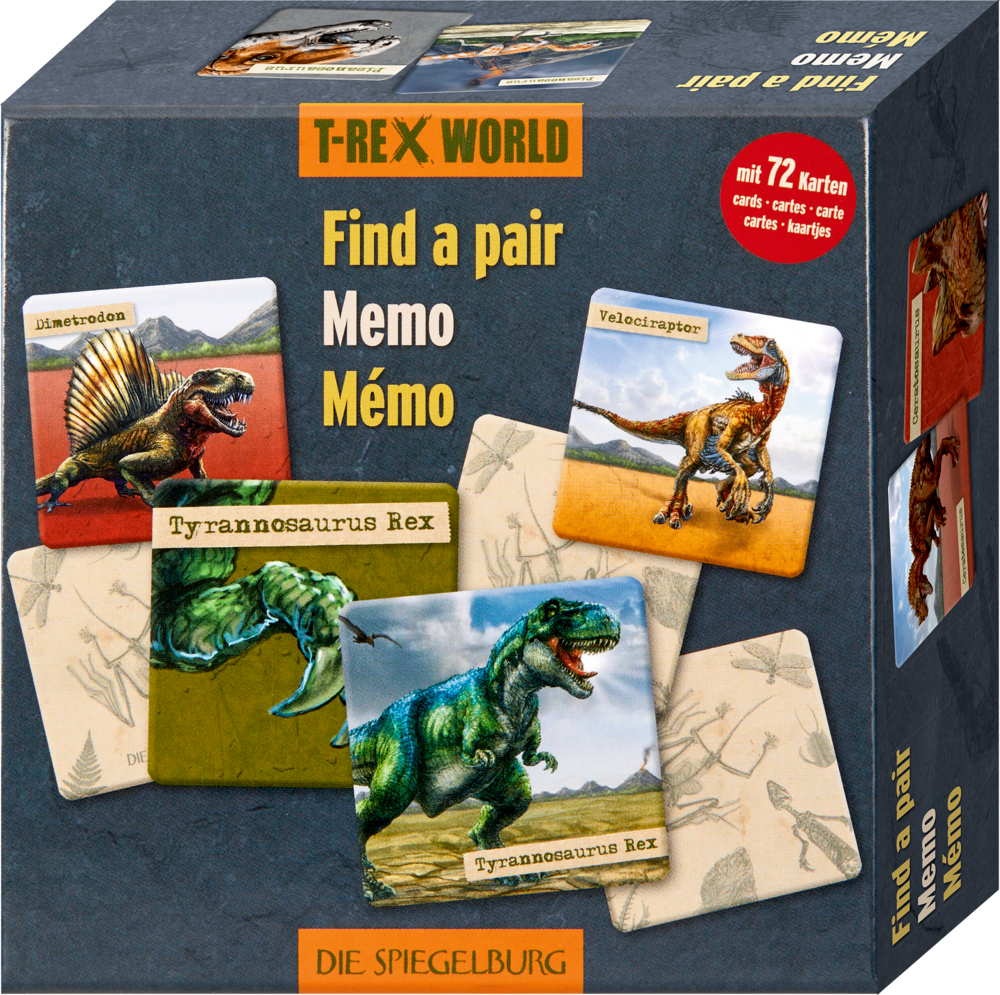 "Dunkelgraue Pappbox mit verschiedenen quadratischen Dino-Motiven. "