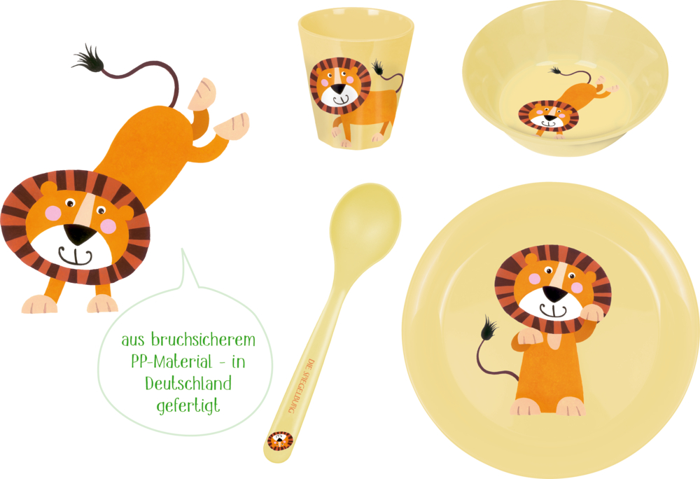 Gelbes Kindergeschirrset mit einem Cartoon-Löwen und deutschem Text in einer grünen Sprechblase.