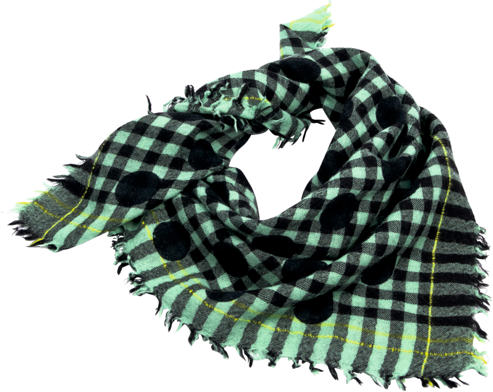 Bandana mit schwarzem Karomuster und großen schwarzen Punkten auf grünem Grund, mit Fransen an den Rändern.
