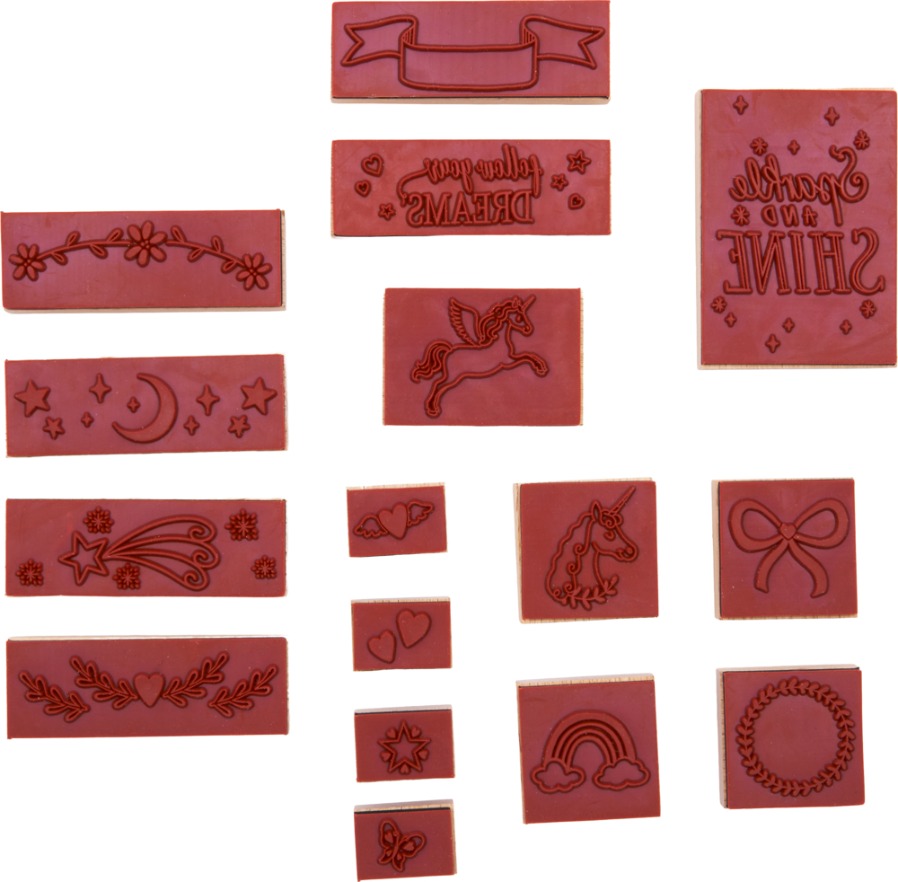 Set aus roten Gummistempeln mit Motiven wie Einhorn, Pegasus, Regenbogen, Herz, Stern, Schleife und Schriftzügen.