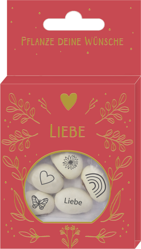 Rote Schachtel mit weißen Bohnen, darauf Herz, Regenbogen, Schmetterling, Blume und Schriftzug Liebe abgebildet.