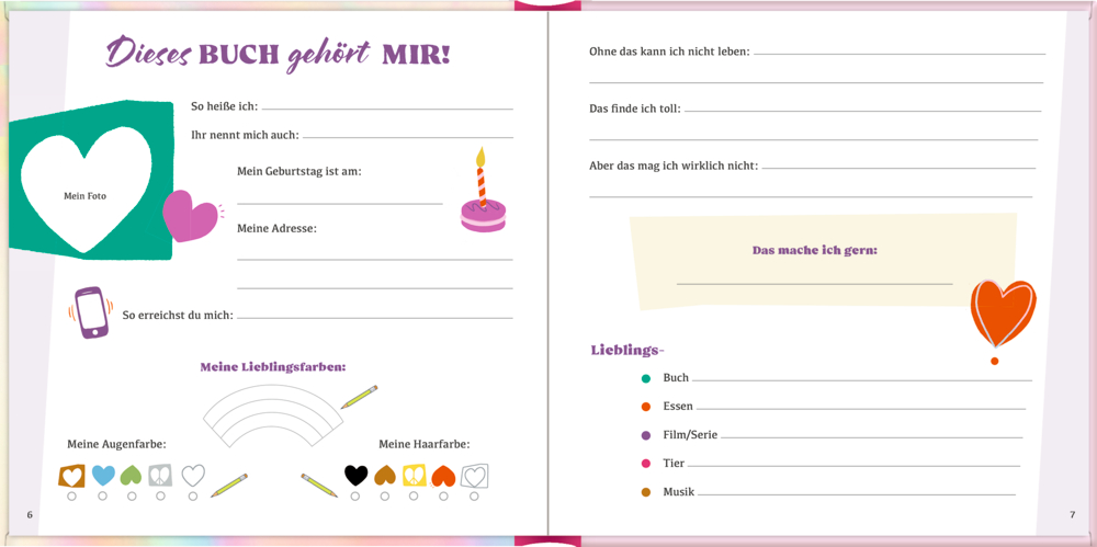 Bunte Freundschaftsbuchseiten mit Symbolen, Schreiblinien und verspielten Verzierungen.