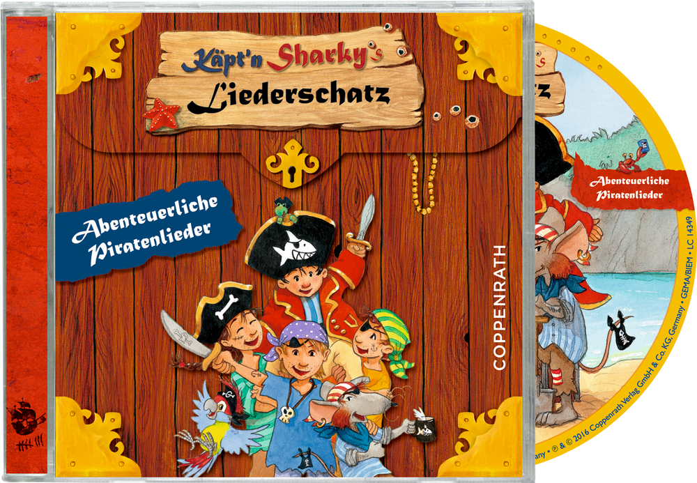 CD-Cover: Cartoon-Piratenkinder, Schatztruhe; Titel: „Abenteuerliche Piratenlieder – Lustige Lieder für kleine Entdecker!“.