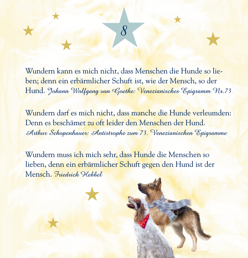 Zwei Hunde mit Halstüchern blicken nach oben, umgeben von goldenen Sternen und Textzitaten auf hellem Hintergrund.