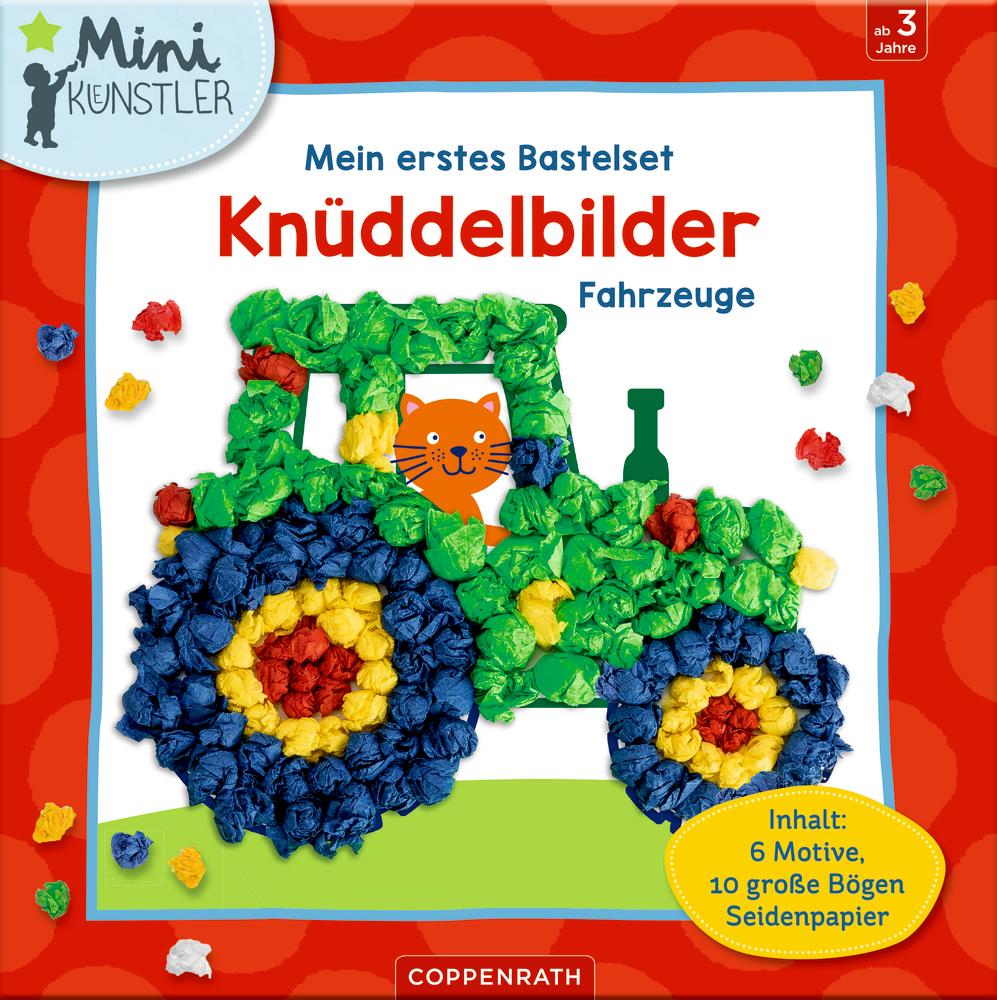 Lächelnde orangefarbene Katze reitet auf einem bunten Traktor aus Seidenpapier;  Bastelset für kleine Kinder.