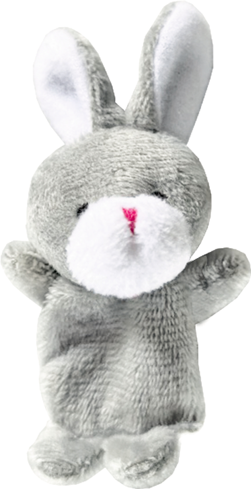 Graue Plüsch-Hasenfingerpuppe mit weißem Gesicht, rosa Nase und erhobenen Armen.