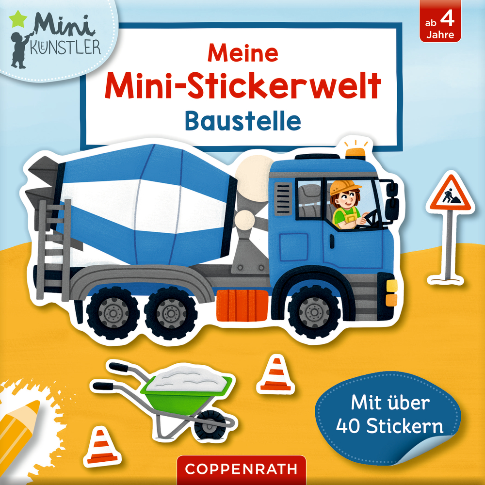 Zementlaster, Verkehrskegel und Schubkarre auf dem Cover eines Stickerbuchs mit Bauthema.
