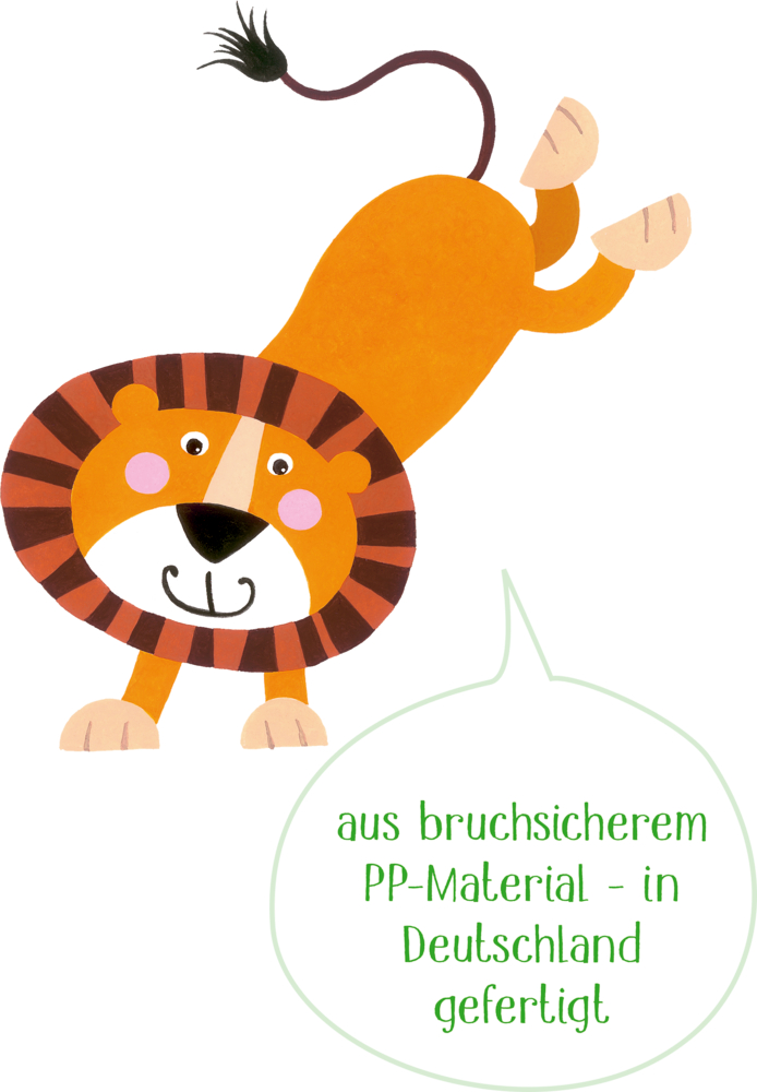Cartoon-Löwe mit Sprechblase: „Aus bruchsicherem PP – in Deutschland gefertigt.“.