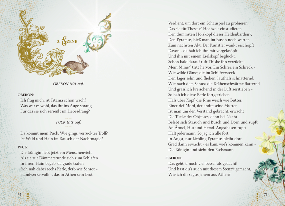 Zweiseitiger Buchdruck mit Text einer Theaterszene, oben goldene Ornamentgrafik mit Hase und der Aufschrift „2. Szene“.