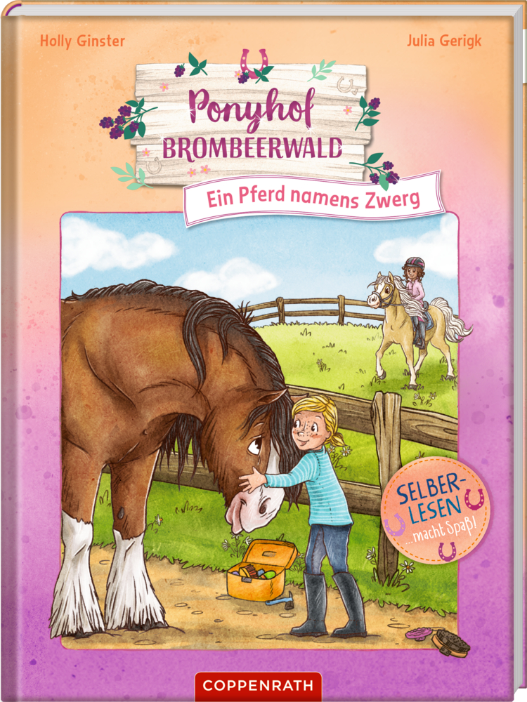 Buchcover: Illustration eines Kindes, das ein braunes Pferd streichelt, mit einem Putzkoffer daneben und einem reitenden Kind im Hintergrund.