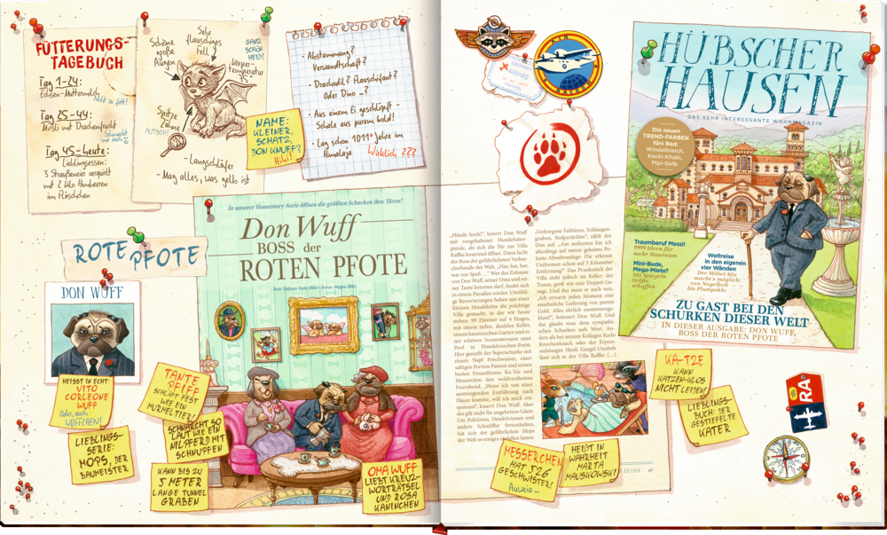 Illustrationen und Notizzettel zu fiktiven Hundefiguren mit Texten, Zeichnungen und Magazincover mit Hund im Anzug vor Villa.