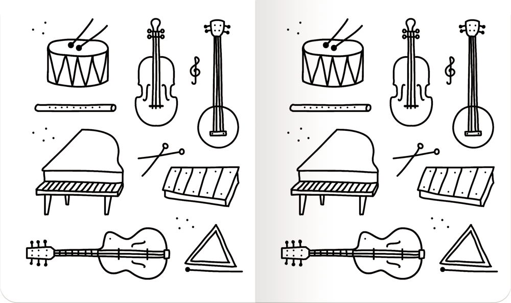 Schwarz-weiße Zeichnungen von Musikinstrumenten wie Trommel, Geige, Gitarre, Klavier, Flöte, Triangel und Xylophon in zwei identischen Gruppen.