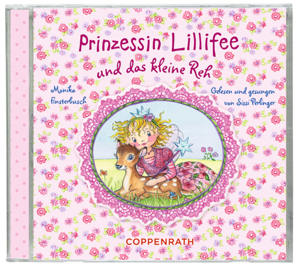 CD-Cover: Prinzessin Lillifee mit Krone umarmt Reh, umgeben von rosa Blumen.
