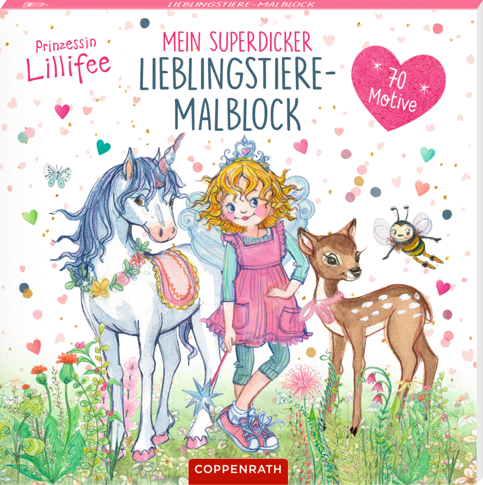 Malblockcover mit einer kleinen Feen mit Einhorn, Reh und Biene vor buntem Konfetti-Hintergrund.