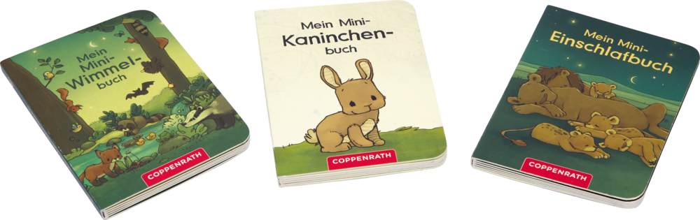 Drei Kinderpappbücher mit Tierillustrationen und den Titeln „Mein Mini-Wimmelbuch“, „Mein Mini-Kaninchenbuch“ und „Mein Mini-Einschlafbuch“.