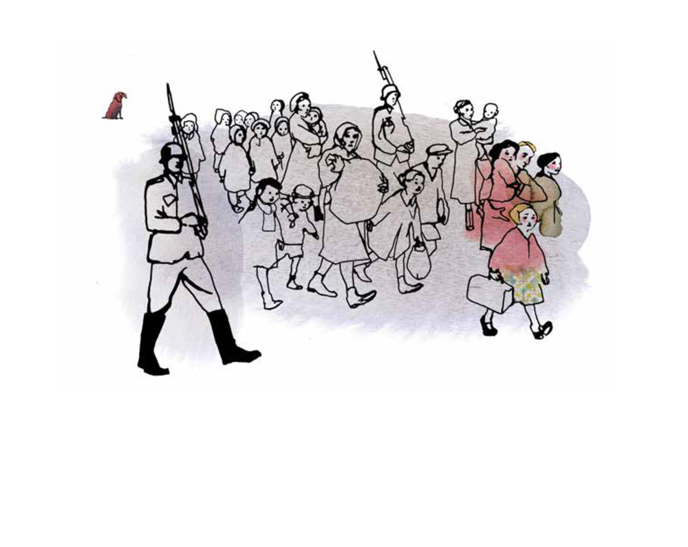 Ein Wachmann mit einem Gewehr eskortiert eine Gruppe, darunter auch Kinder; in der Ferne geht eine Person allein.
