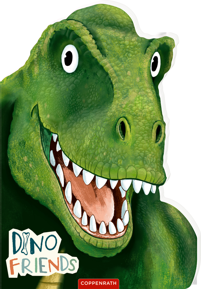 Lächelnder grüner T. Rex mit großen Augen und scharfen Zähnen, aufgedruckt „Dino Friends“.