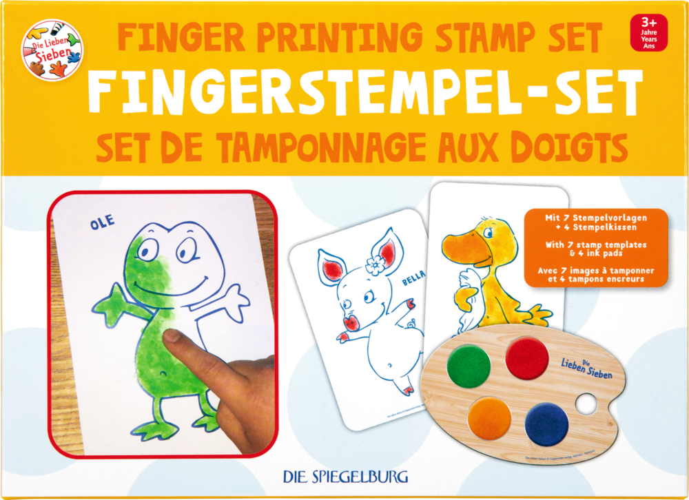 Pappbox eines Stempelsets mit Foto eines Fingers, der einen Frosch grün anmalt sowie weiteren Malvorlagen.