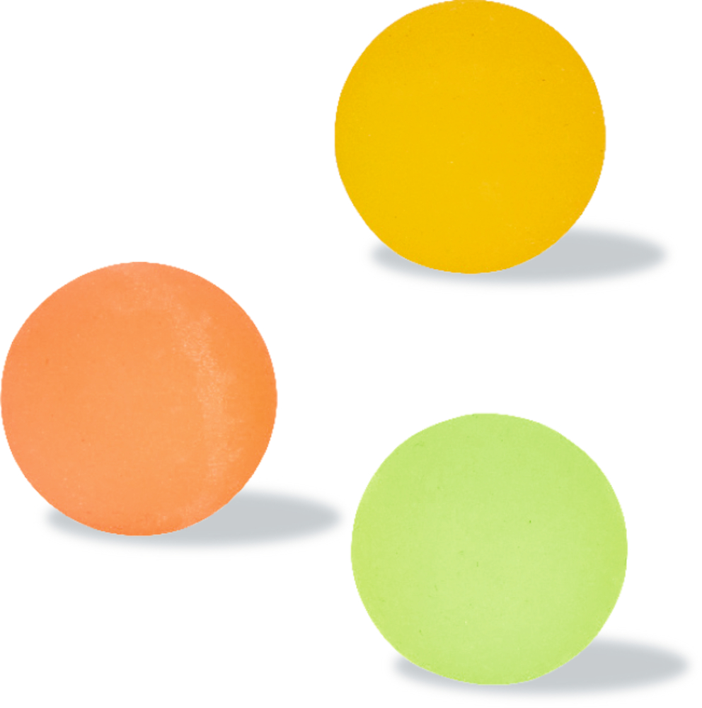 Drei runde Bälle in gelb, orange und hellgrün.