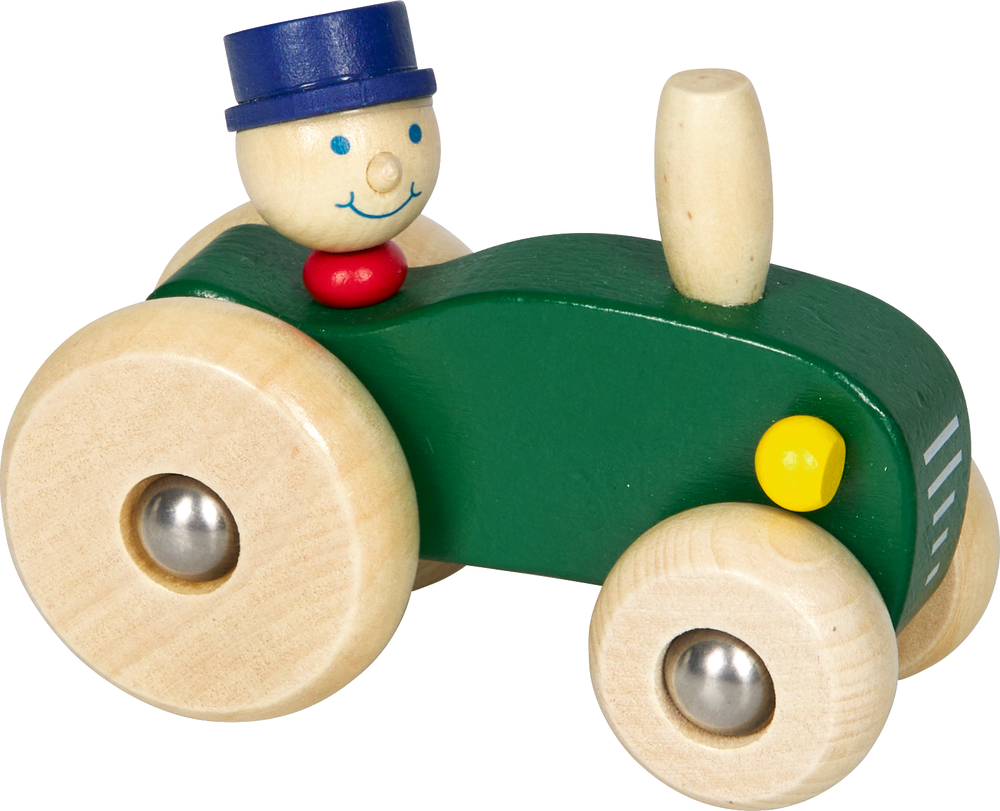 Holzspielzeugtraktor mit grünem Aufbau, Holzrädern und einer lächelnden Figur mit blauem Hut.
