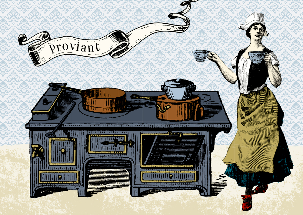 Illustration, als Beilage, von einer Frau mit Tassen neben einem alten Herd, Töpfe in der Nähe und ein „Proviant“-Banner darüber.