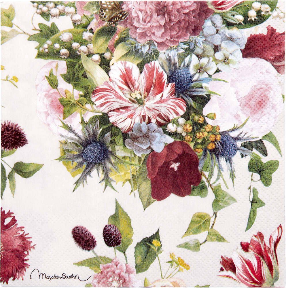 Papierserviette mit floralem Muster aus roten, rosa, blauen und weißen Blumen auf hellem Hintergrund.