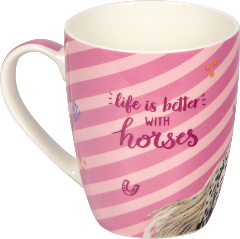 Rückseite einer pink und weiß gestreiften Tasse mit Text "life is better with horses".