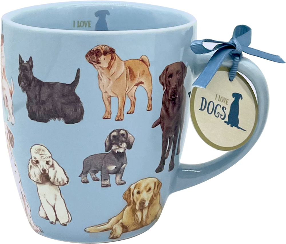Hellblaue Tasse mit Abbildungen von Hunderassen und einem Schild mit der Aufschrift „I LOVE DOGS“ am Henkel.