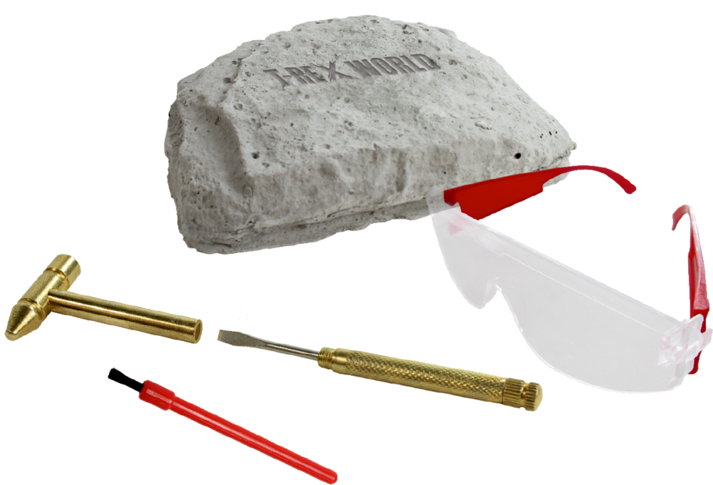 Fossilienausgrabungsset mit Grabwerkzeugen, Schutzbrille und einem T-REX WORLD-Gipsblock.