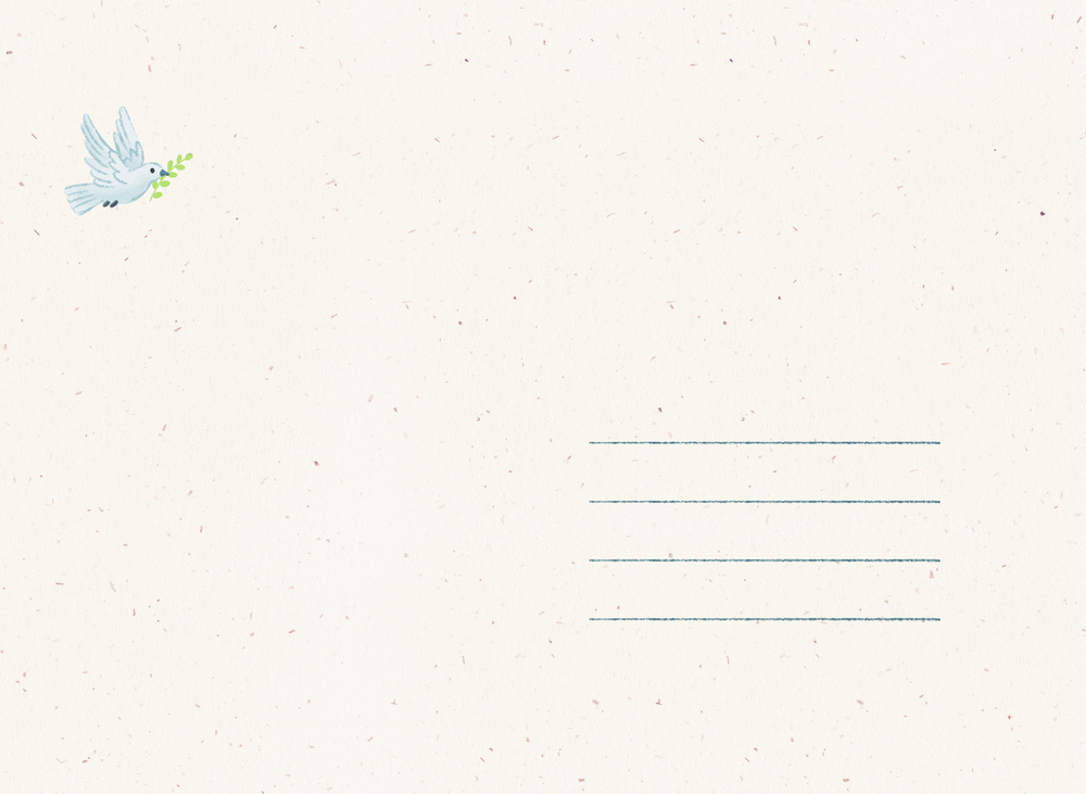 Postkarte mit fliegender Taube, die einen Olivenzweig hält, und leeren Linien für eine Adresse.