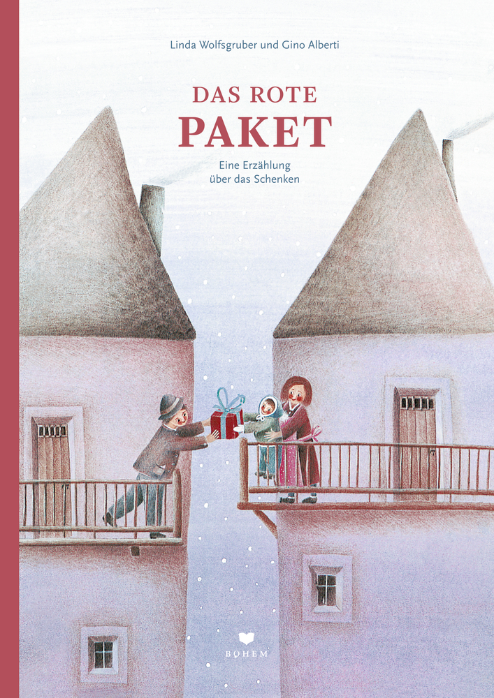 Zwei Menschen tauschen zwischen Balkonen in einer verschneiten, pastellfarbenen Stadtszene ein rotes Geschenk aus.