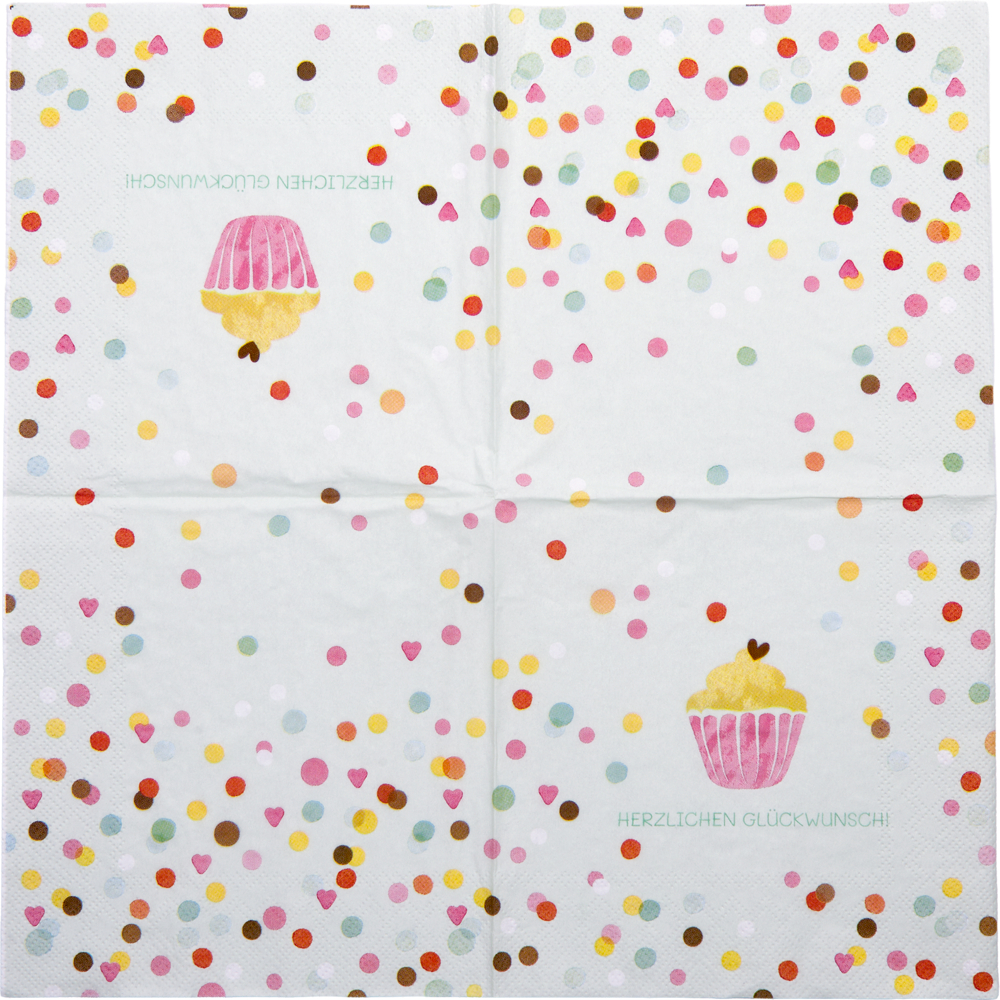Aufgefaltene weiße Serviette mit bunten Punkten, rosa Cupcake mit gelbem Topping und Text „Herzlichen Glückwunsch“.