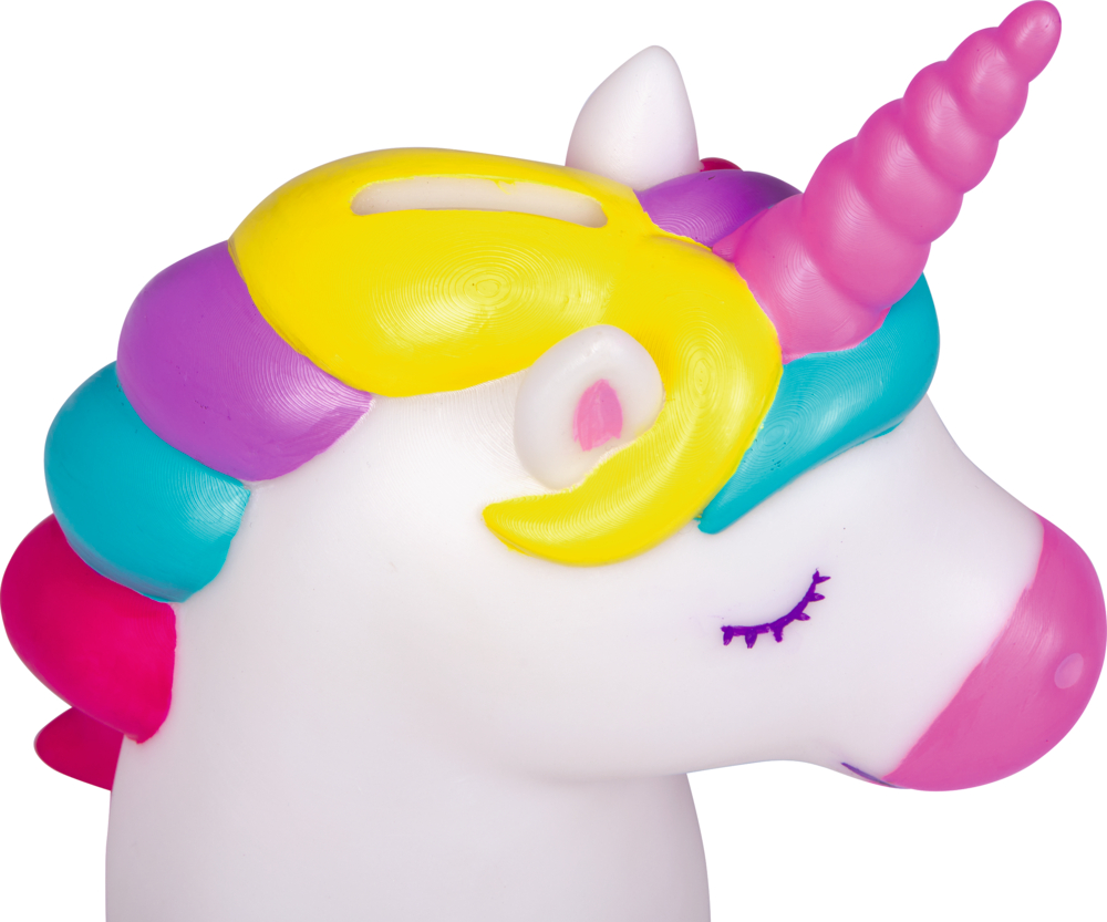 Kunststofffigur eines Einhornkopfs als Spardose mit pinkem Horn, bunter Mähne in Gelb, Lila, Türkis und Rosa sowie geschlossenen Augen.