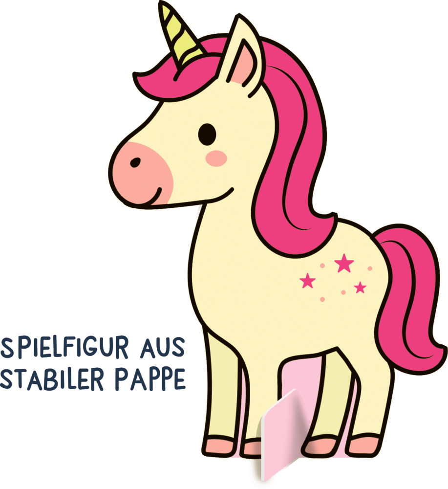 Stehende Einhorn-Spielfigur aus Pappe mit pinker Mähne, Schweif und Sternen auf der Flanke.