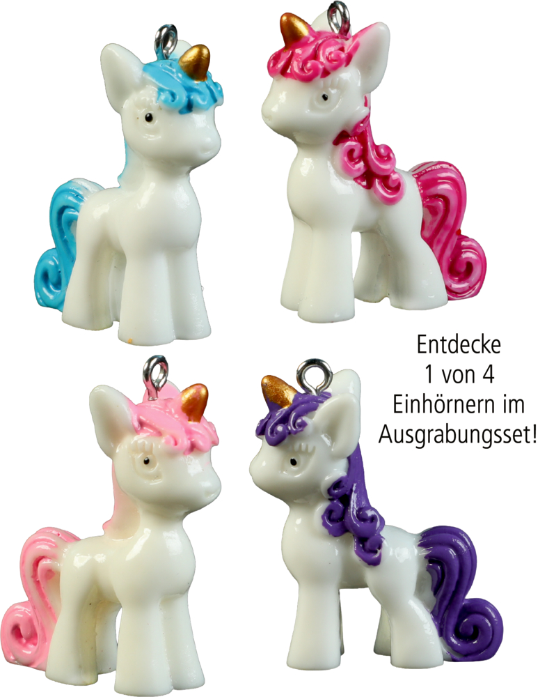 Vier kleine weiße Einhornfiguren mit goldenen Hörnern und Mähnen in Blau, Pink, Rosa und Lila.