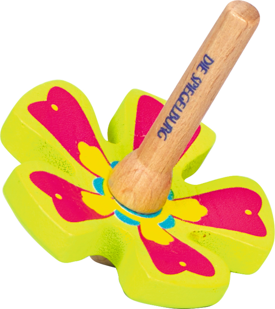 Bunter Kreisel mit grünem Blütenblattkörper, pinken und gelben Mustern und Holzgriff.