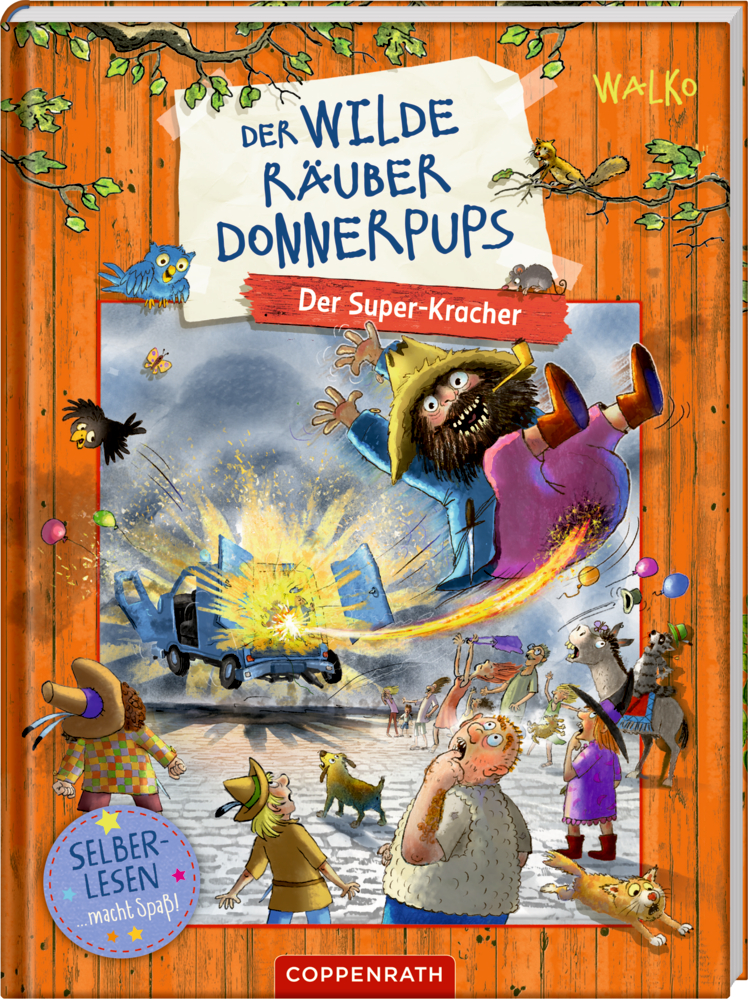 Buchcover: Illustration eines bärtigen Mannes, der in die Luft fliegt, während ein blauer Wagen explodiert und Tiere sowie Menschen zusehen.
