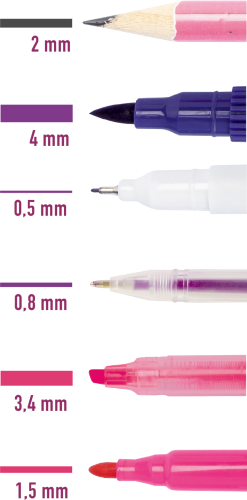 Sechs Stifte, Spitzengrößen 0,5–4 mm, jeweils neben einer farbigen Beispiellinie abgebildet.