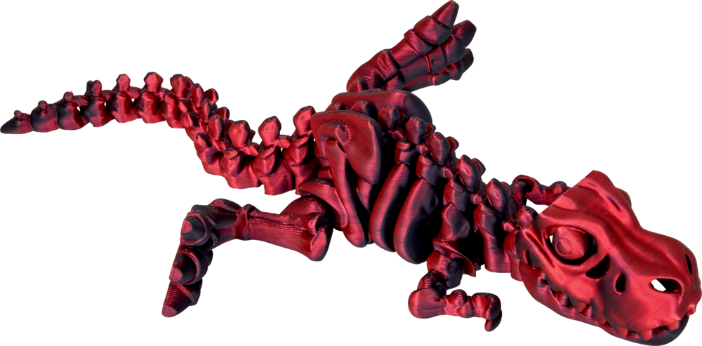 Rotes, stilisiertes Dinosaurierskelett, liegend auf weißem Hintergrund von oben betrachtet.