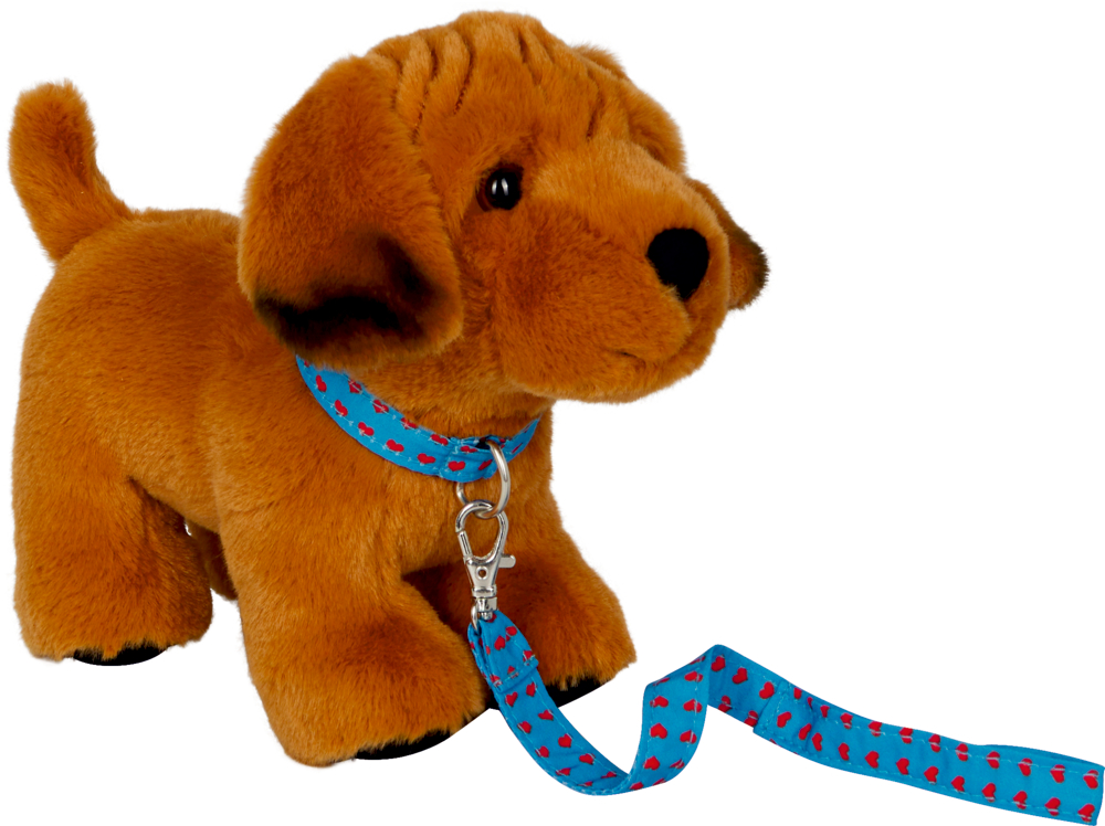 Brauner Plüschhund mit blauem Halsband und Leine.