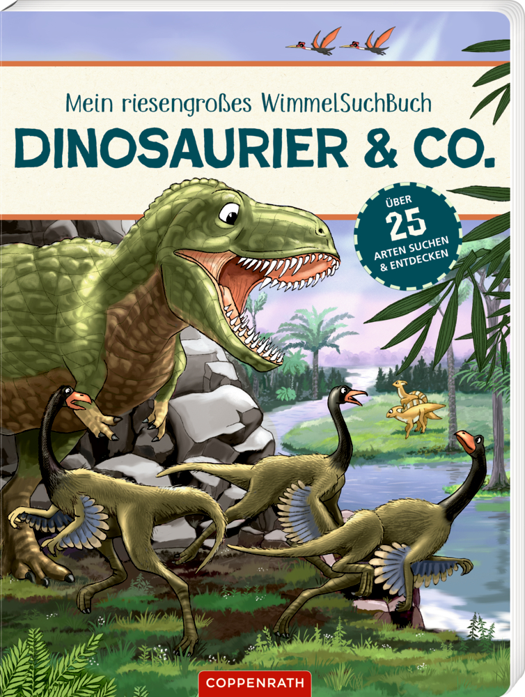 Dinosaurier an einem Fluss mit Bäumen und blauem Himmel. Illustrierter Buchumschlag.