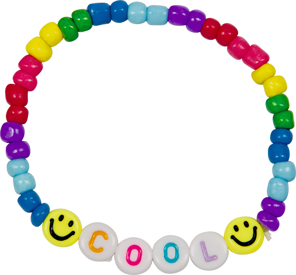 Buntes Armband aus Perlen mit zwei Smileys und Buchstabenperlen, die COOL ergeben.