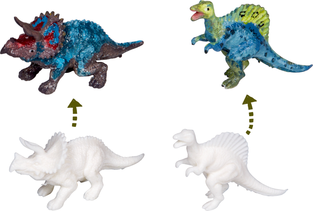 Zwei weiße Dinosaurierfiguren unten mit Pfeilen zu bemalten Versionen in Blau, Grün, Rot und Braun oben.