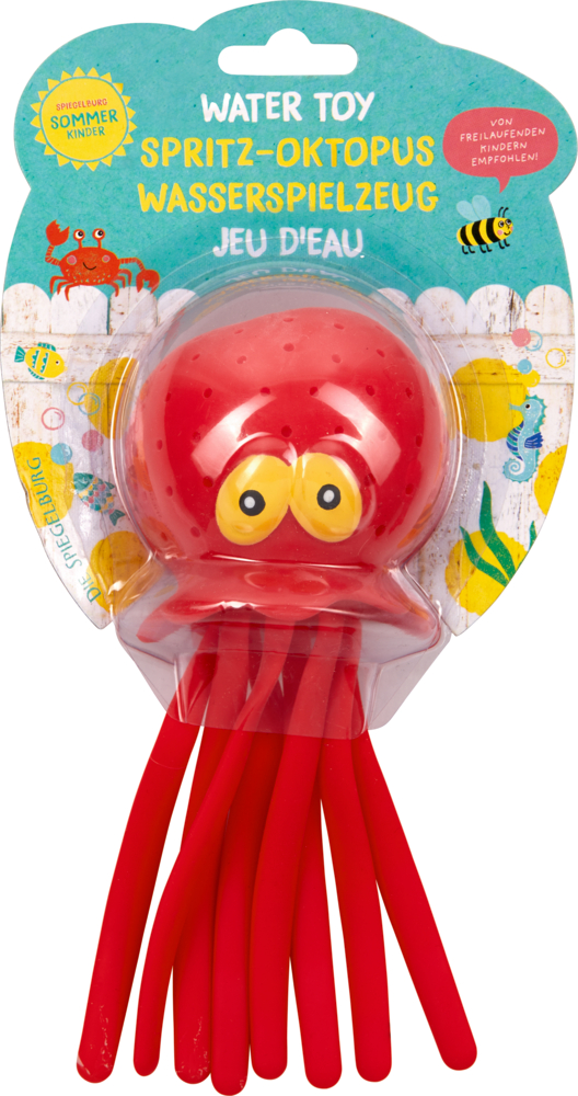 "Rotes Oktopus-Wasserspielzeug mit großen gelben Augen in farbenfroher, mehrsprachiger Verpackung."